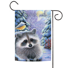 Winter Chickadee Raccoon Double Sided Forest Flag
